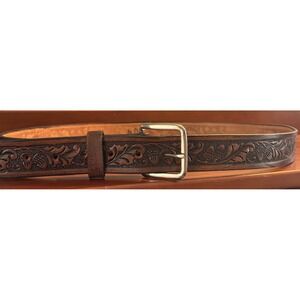 Tandy Leather Mens Brown Tooled Floral Acorn Belt Made in USA Size 40 Western